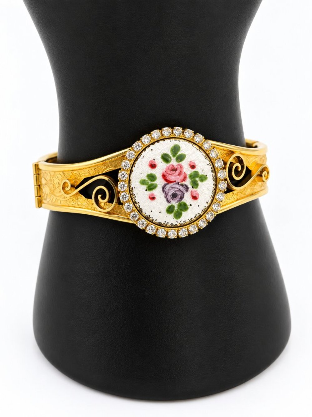 Vintage Gold Tone Floral Enamel Rhinestone Hinged Bracelet
